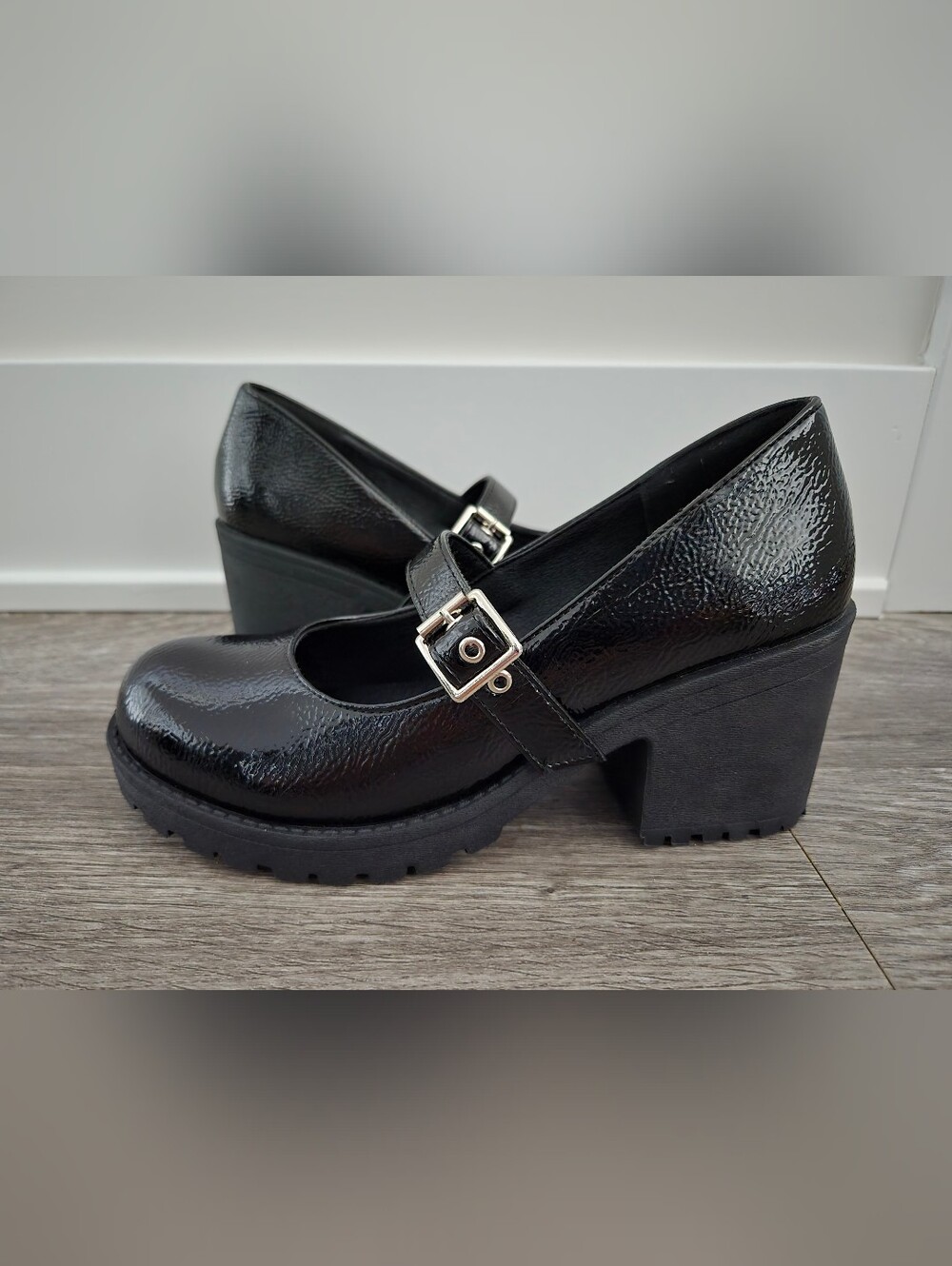 Black Patent Mary Jane Block Heel Pumps